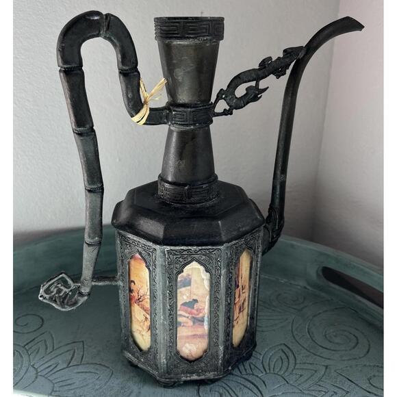 Antique Chinese 1910 Swatow Pewter 8 Panel Reverse Painted Glass Teapot, NO LID - Picture 4 of 13